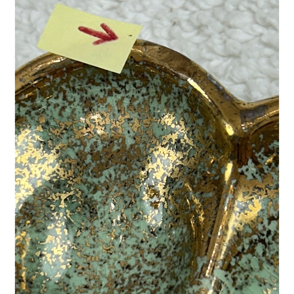 Vtg California Original Pottery 703 Egg Dish Green w/Gold Splatter Leaf **READ** - Picture 8 of 11